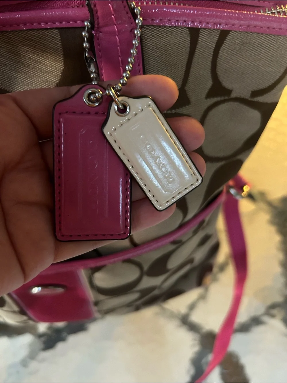 Coach F23304 Signature Stripe Foldover Tote Khaki Mulberry MSRP $328